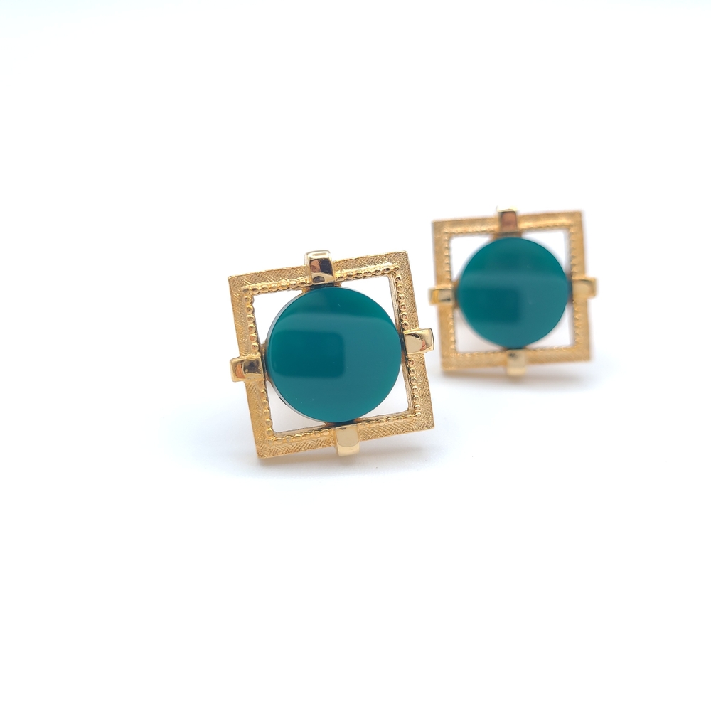 Vintage Gold Tone Teal Geometric Cufflinks Mid Century Style